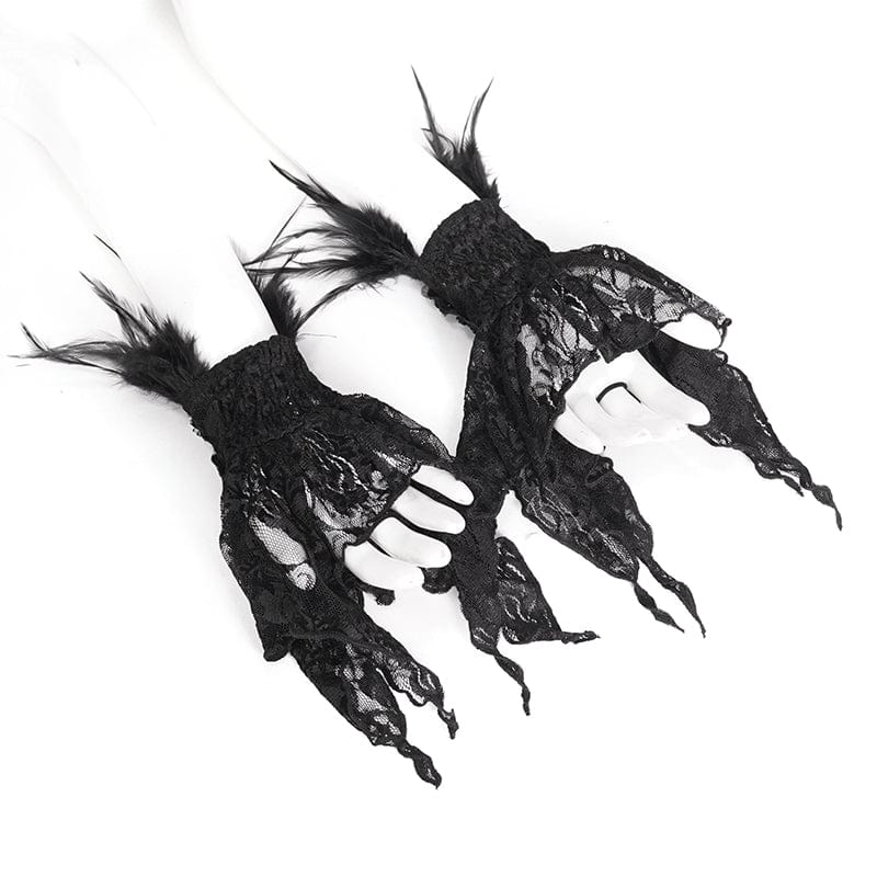 EVA LADY Women's Gothic Irregular Feather Beaded Black Lace Gloves