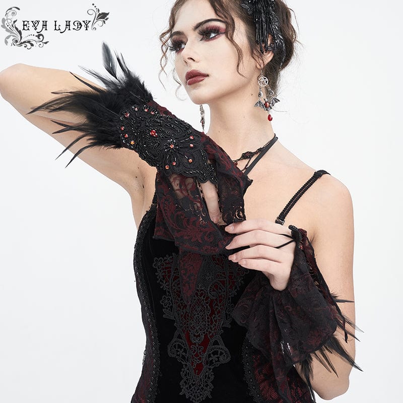 EVA LADY Women's Gothic Irregular Feather Beaded Red Lace Gloves