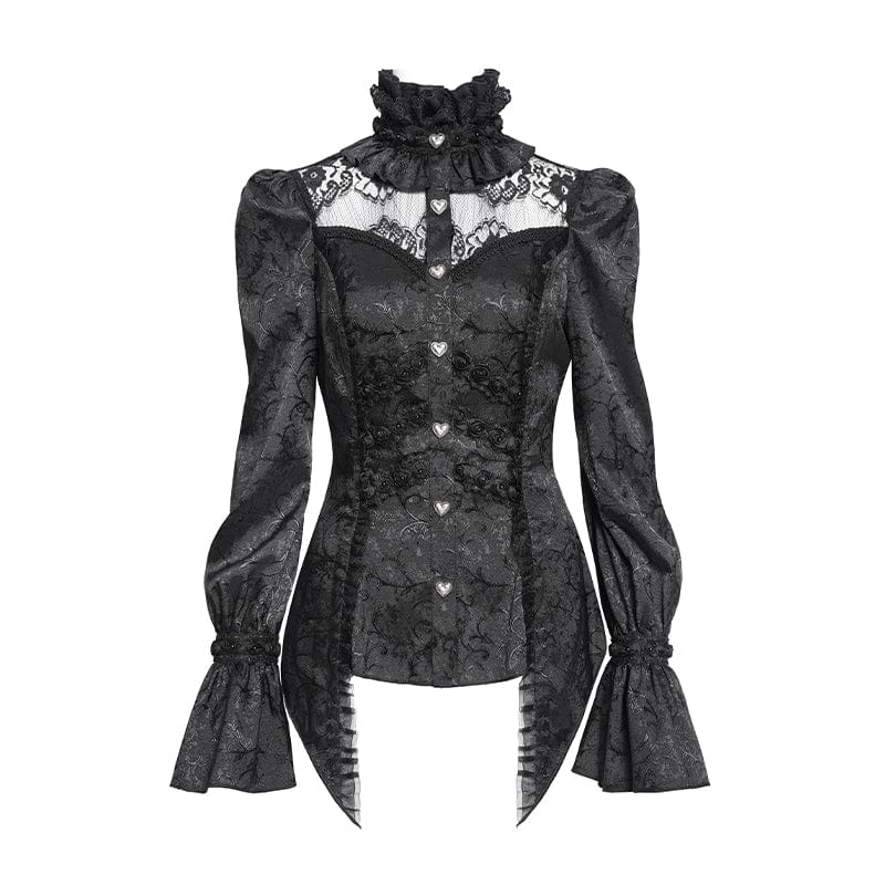 EVA LADY Women's Gothic Jacquard Lace Stand Collar Long Sleeve Shirt