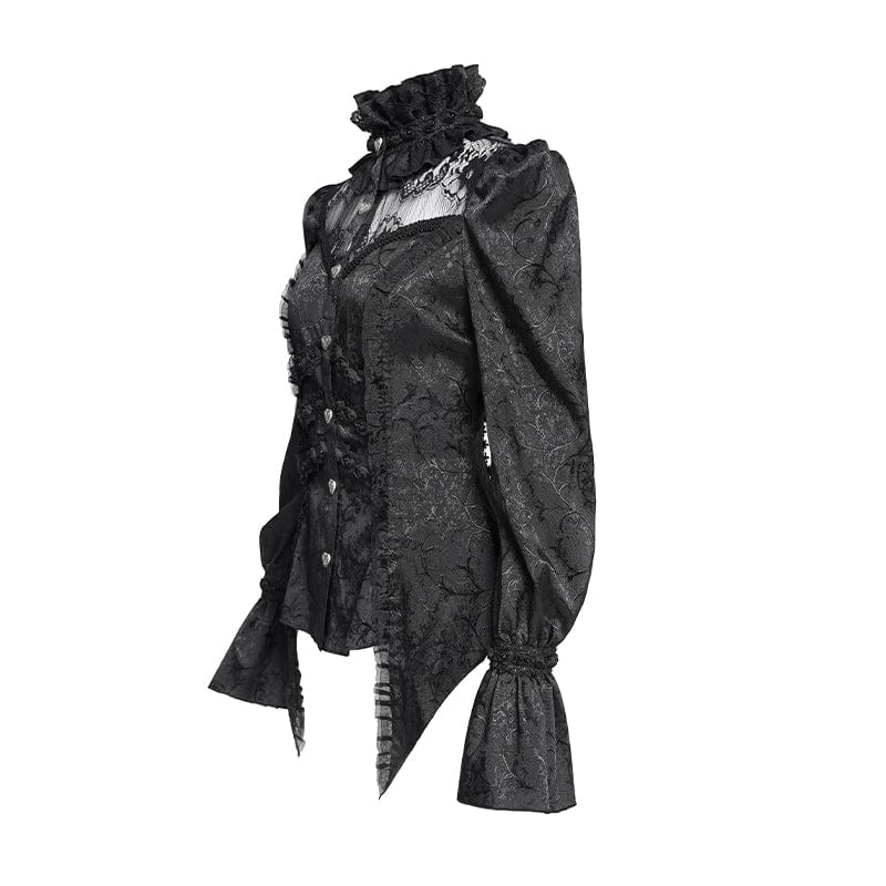EVA LADY Women's Gothic Jacquard Lace Stand Collar Long Sleeve Shirt