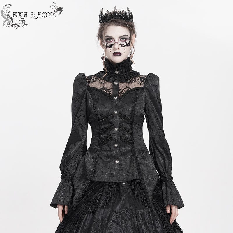 EVA LADY Women's Gothic Jacquard Lace Stand Collar Long Sleeve Shirt