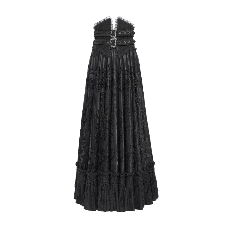 EVA LADY Women's Gothic Jacquard Tassels Buckle-up Long Skirt Black