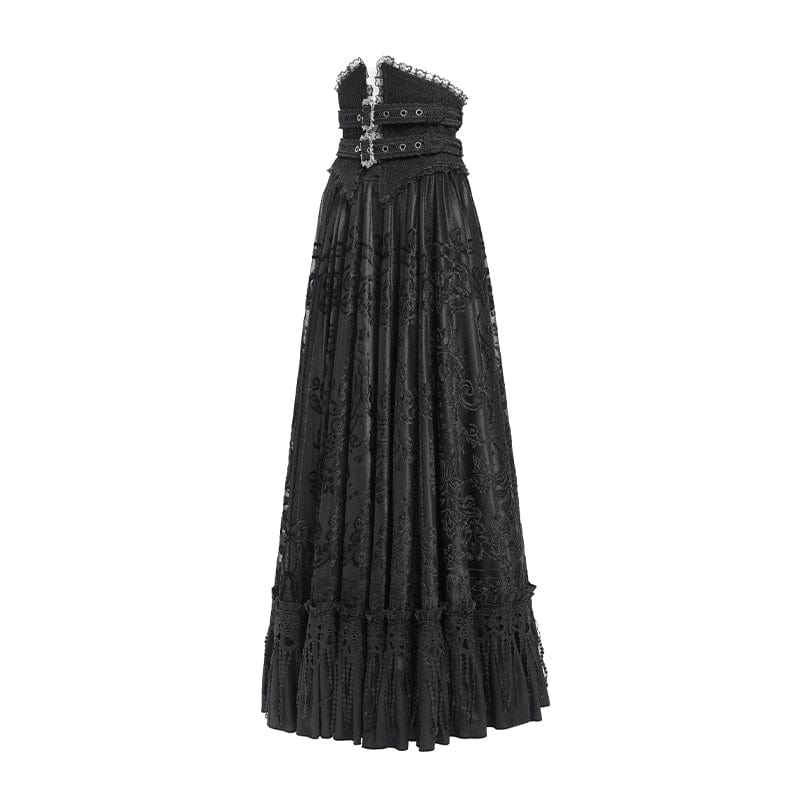EVA LADY Women's Gothic Jacquard Tassels Buckle-up Long Skirt Black