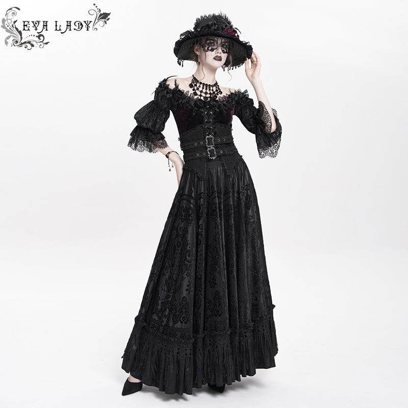 EVA LADY Women's Gothic Jacquard Tassels Buckle-up Long Skirt Black