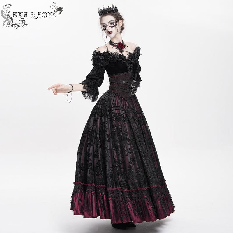 EVA LADY Women's Gothic Jacquard Tassels Buckle-up Long Skirt Red