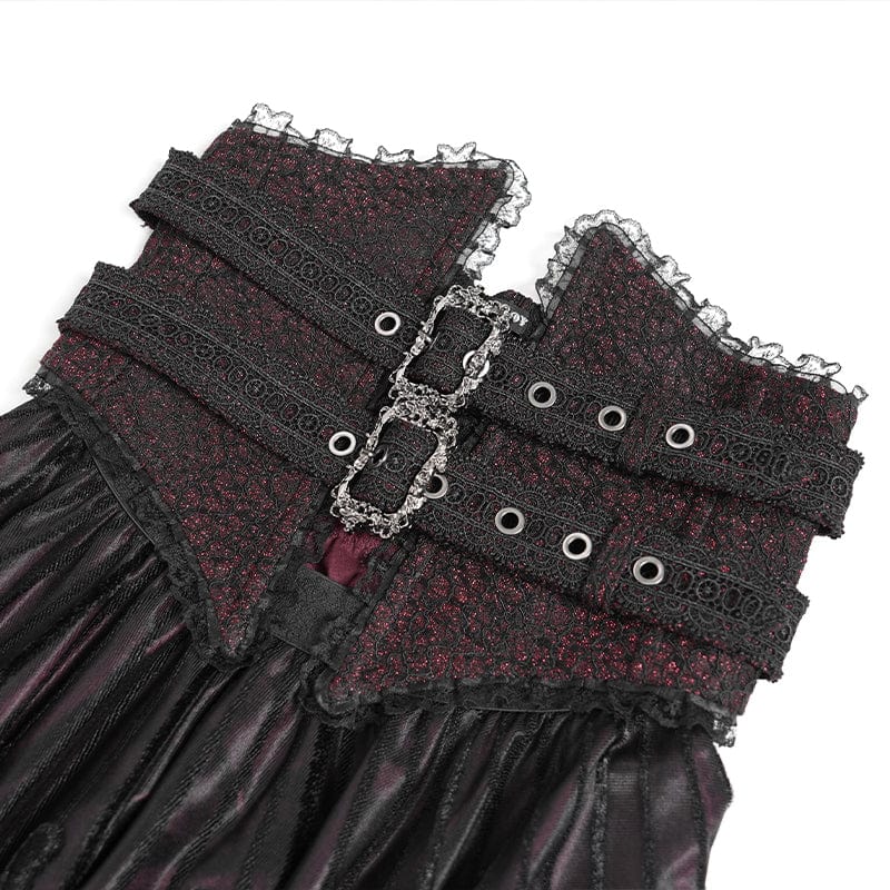 EVA LADY Women's Gothic Jacquard Tassels Buckle-up Long Skirt Red