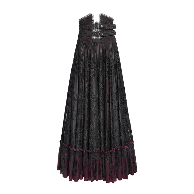 EVA LADY Women's Gothic Jacquard Tassels Buckle-up Long Skirt Red