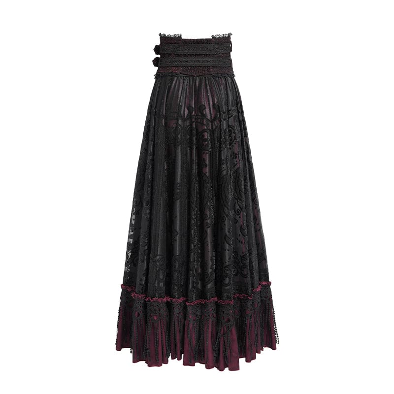 EVA LADY Women's Gothic Jacquard Tassels Buckle-up Long Skirt Red
