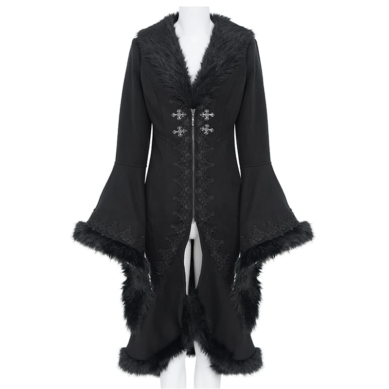 EVA LADY Women's Gothic Lace Applique Faux Fur Trim Front Zipper Coat