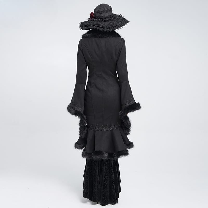 EVA LADY Women's Gothic Lace Applique Faux Fur Trim Front Zipper Coat