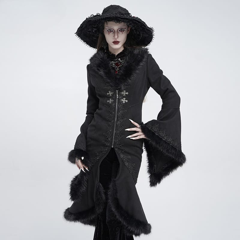 EVA LADY Women's Gothic Lace Applique Faux Fur Trim Front Zipper Coat