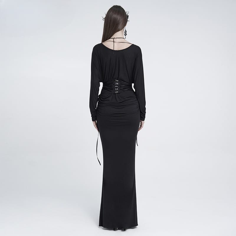 EVA LADY Women's Gothic Lace Applique Lace-up Draped Long Sleeve Maxi Dress