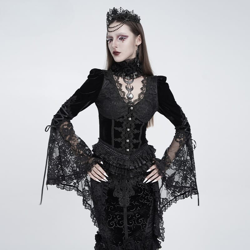 EVA LADY Women's Gothic Lace Splice Lace-up Long Sleeve Velvet Blouse
