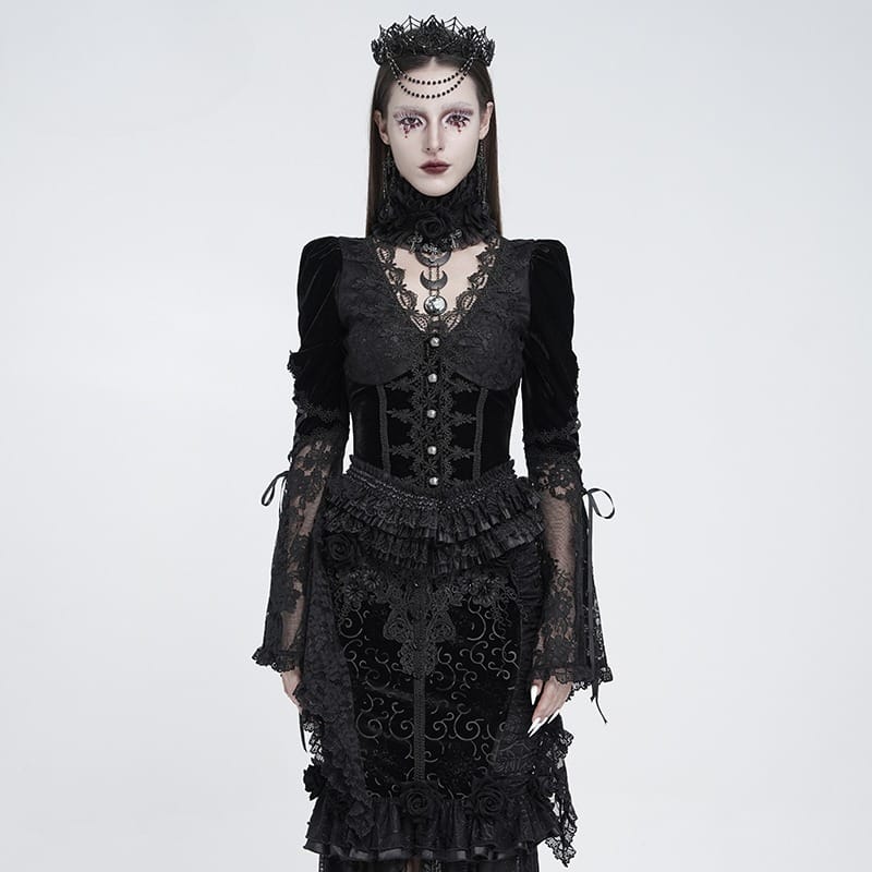 EVA LADY Women's Gothic Lace Splice Lace-up Long Sleeve Velvet Blouse