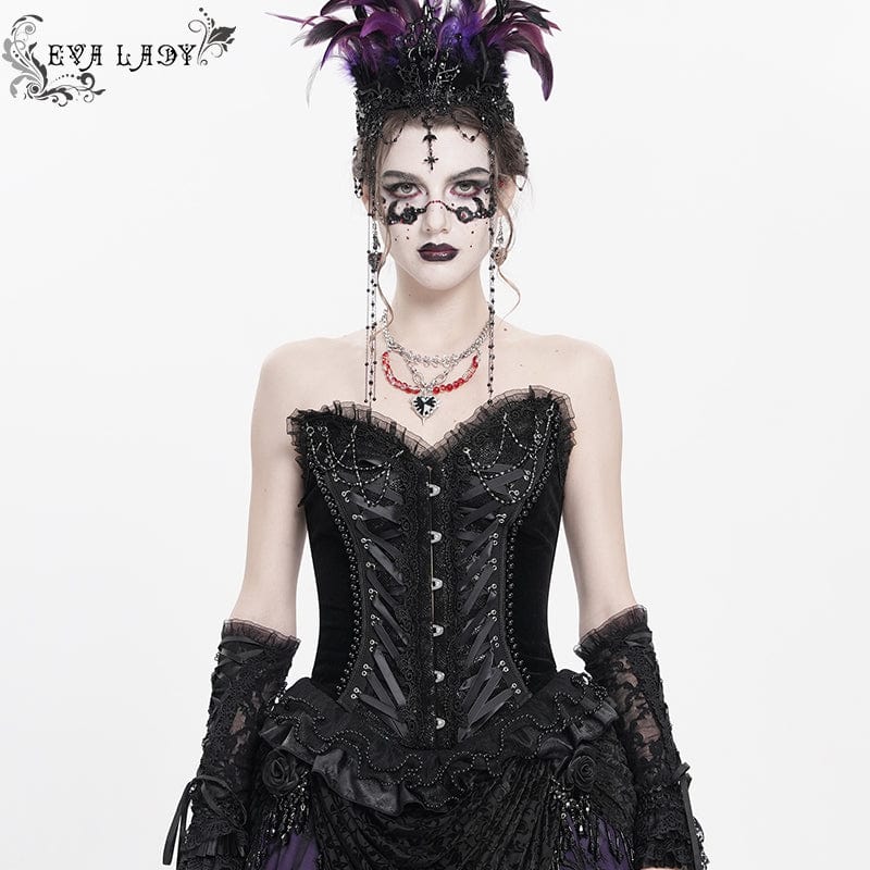 EVA LADY Women's Gothic Lace-up Beaded Lace Overbust Corset Black