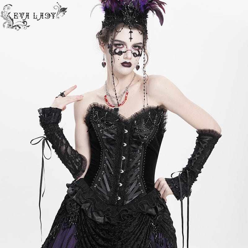 EVA LADY Women's Gothic Lace-up Beaded Lace Overbust Corset Black