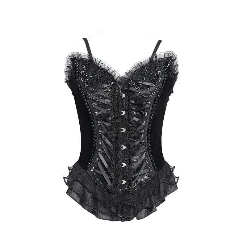 EVA LADY Women's Gothic Lace-up Beaded Lace Overbust Corset Black