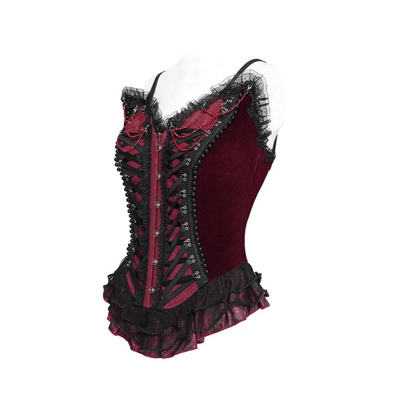 EVA LADY Women's Gothic Lace-up Beaded Lace Overbust Corset Red