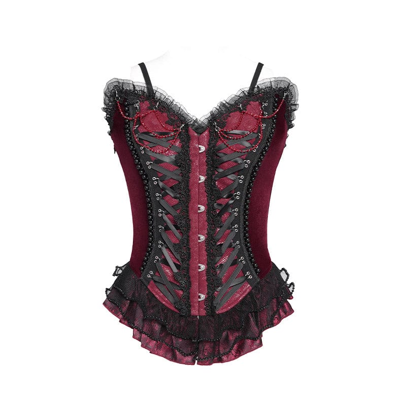 EVA LADY Women's Gothic Lace-up Beaded Lace Overbust Corset Red
