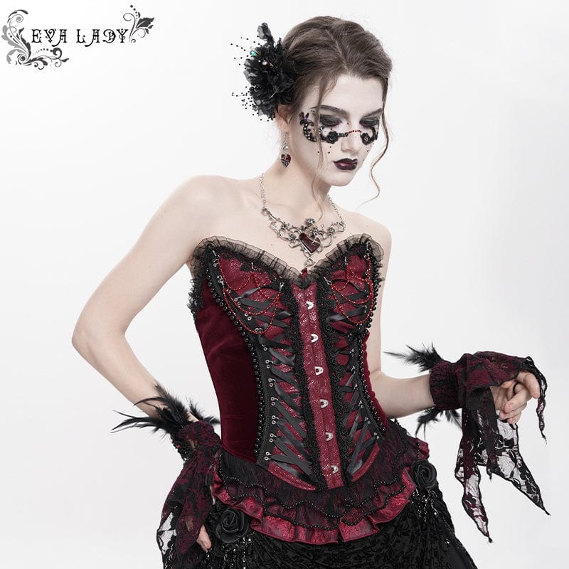 EVA LADY Women's Gothic Lace-up Beaded Lace Overbust Corset Red