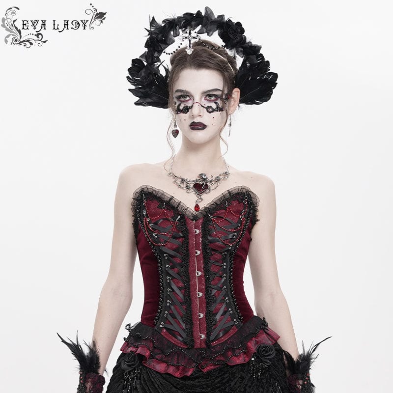 EVA LADY Women's Gothic Lace-up Beaded Lace Overbust Corset Red