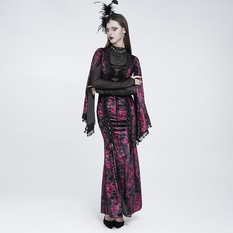 EVA LADY Women's Gothic Lace-up Mesh Splice Plunging V-neck Velvet Maxi Dress Black-Red