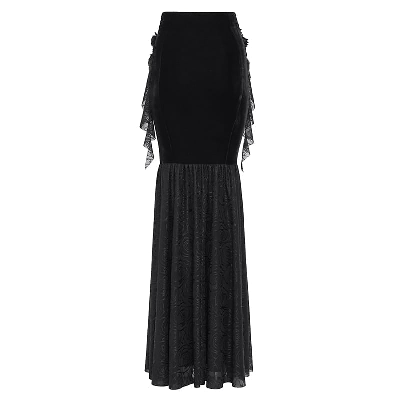 EVA LADY Women's Gothic Lace-up Rose Beaded Chain Mermaid Long Skirt