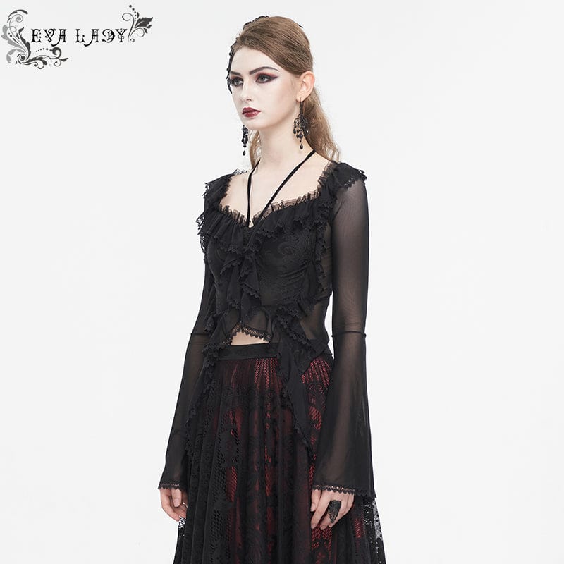 EVA LADY Women's Gothic Lace-up Ruffled Mesh Shirt