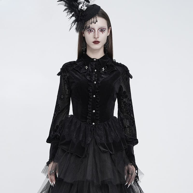 EVA LADY Women's Gothic Lace-up Ruffled Turn-down Collar Long Sleeve Blouse