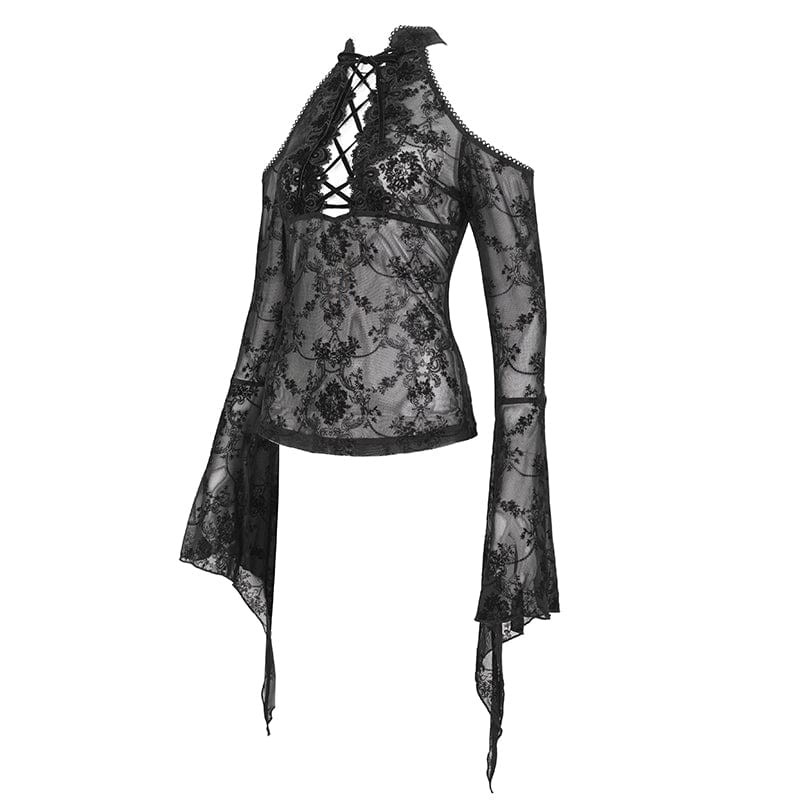EVA LADY Women's Gothic Off Shoulder Flared Sleeved Mesh Shirt
