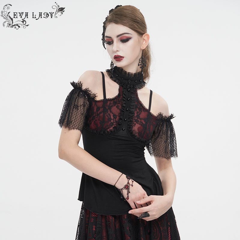 EVA LADY Women's Gothic Off Shoulder Lace Splice Shirt