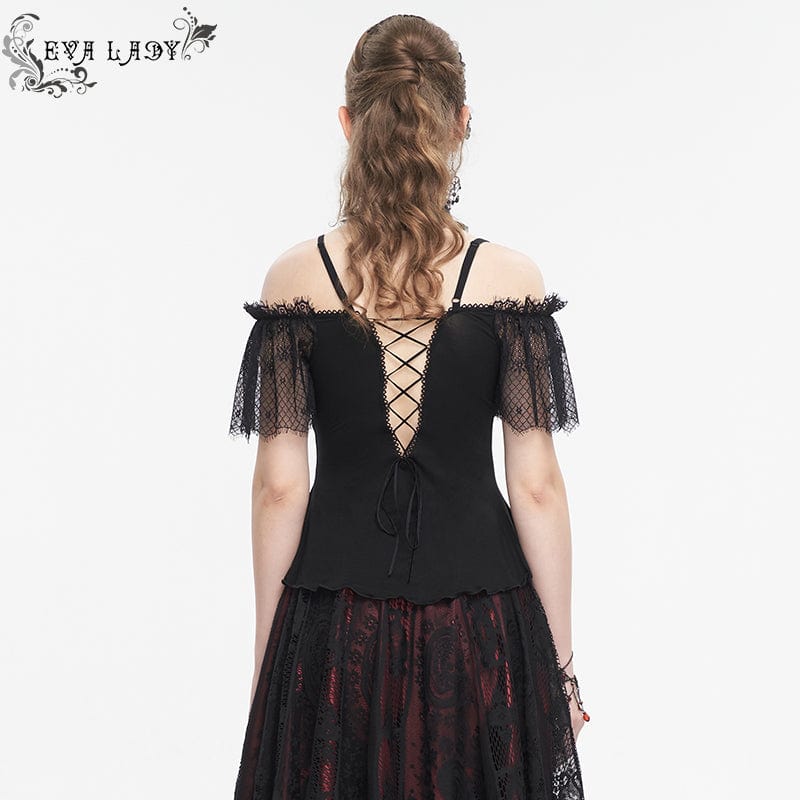 EVA LADY Women's Gothic Off Shoulder Lace Splice Shirt