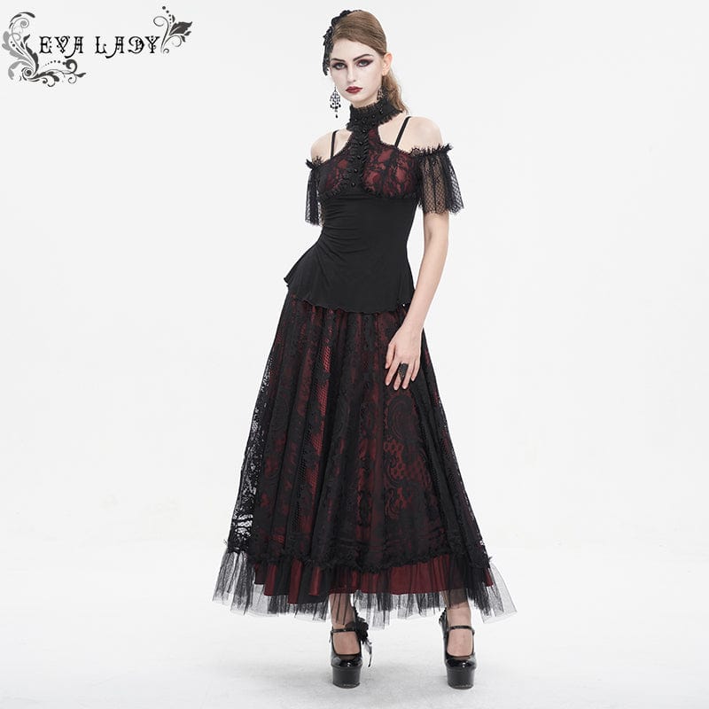 EVA LADY Women's Gothic Off Shoulder Lace Splice Shirt