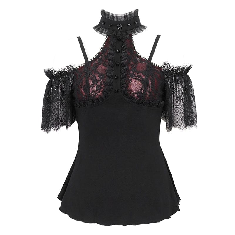 EVA LADY Women's Gothic Off Shoulder Lace Splice Shirt