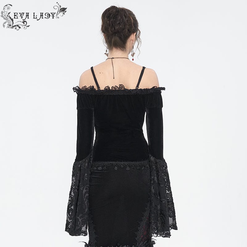 EVA LADY Women's Gothic Off Shoulder Lace Splice Velvet Shirt Black