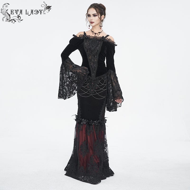 EVA LADY Women's Gothic Off Shoulder Lace Splice Velvet Shirt Black