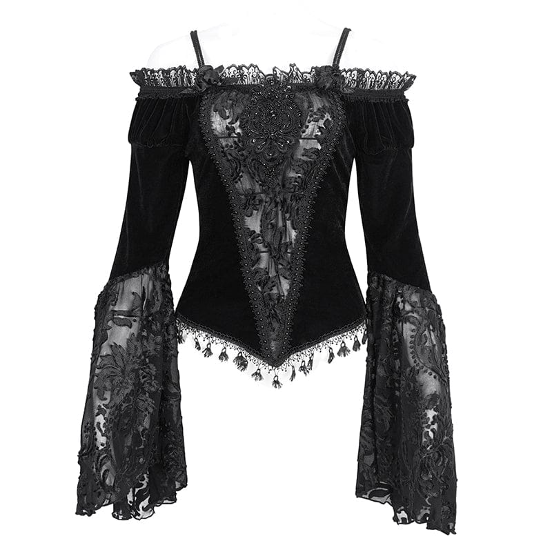 EVA LADY Women's Gothic Off Shoulder Lace Splice Velvet Shirt Black