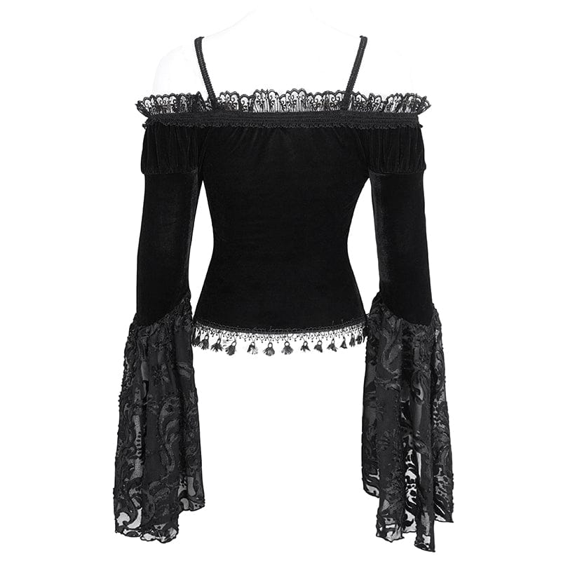 EVA LADY Women's Gothic Off Shoulder Lace Splice Velvet Shirt Black