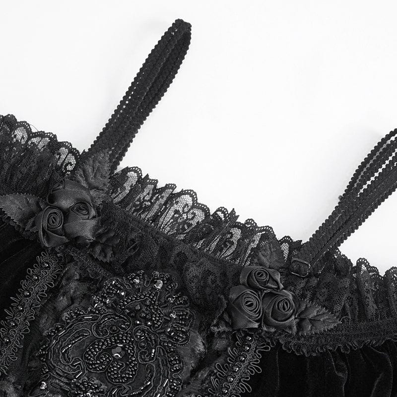 EVA LADY Women's Gothic Off Shoulder Lace Splice Velvet Shirt Black