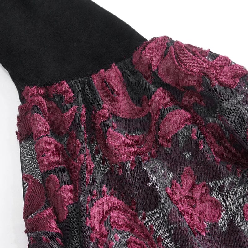 EVA LADY Women's Gothic Off Shoulder Lace Splice Velvet Shirt Red