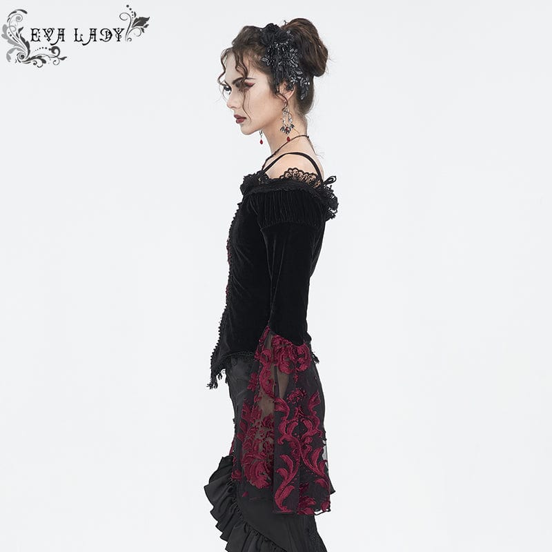 EVA LADY Women's Gothic Off Shoulder Lace Splice Velvet Shirt Red