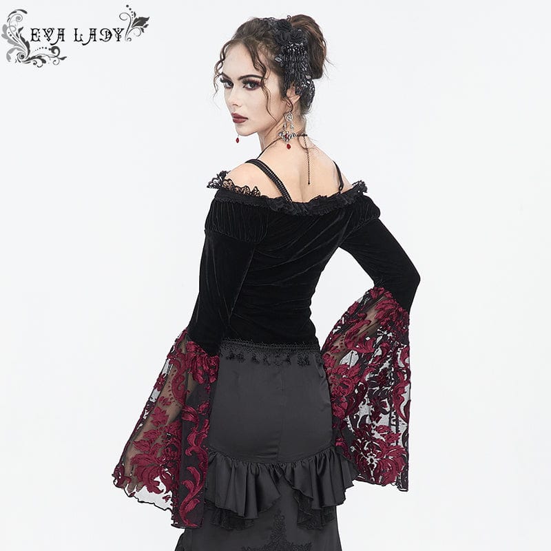 EVA LADY Women's Gothic Off Shoulder Lace Splice Velvet Shirt Red
