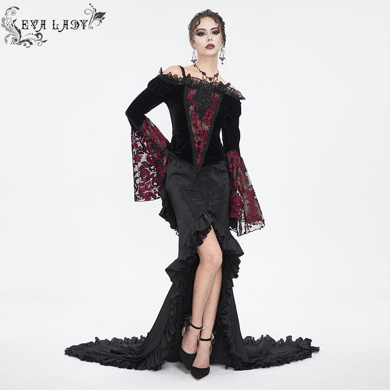 EVA LADY Women's Gothic Off Shoulder Lace Splice Velvet Shirt Red