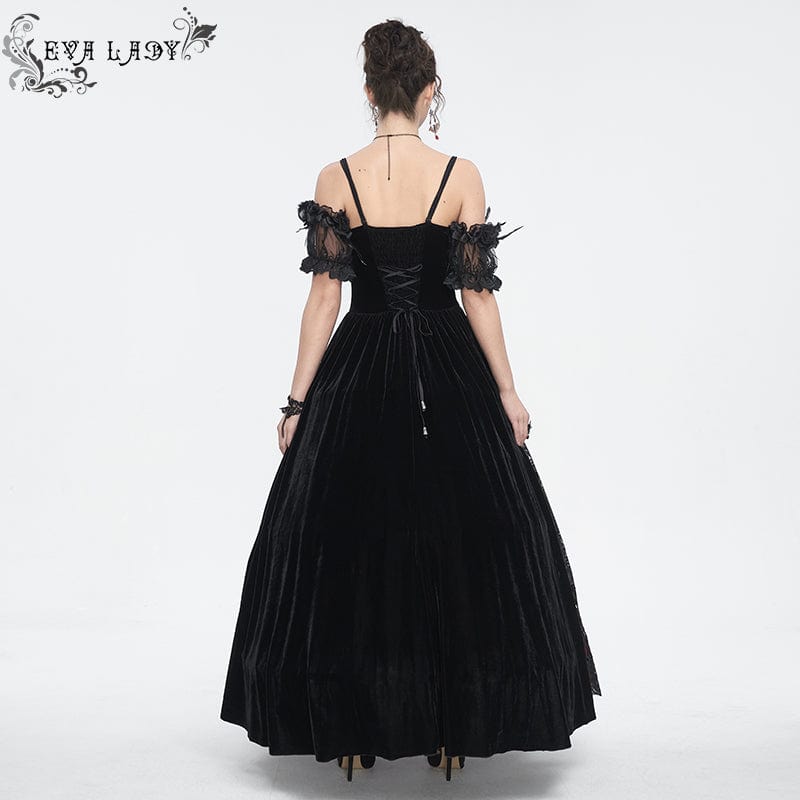 EVA LADY Women's Gothic Off Shoulder Rose Beaded Velvet Black Dress