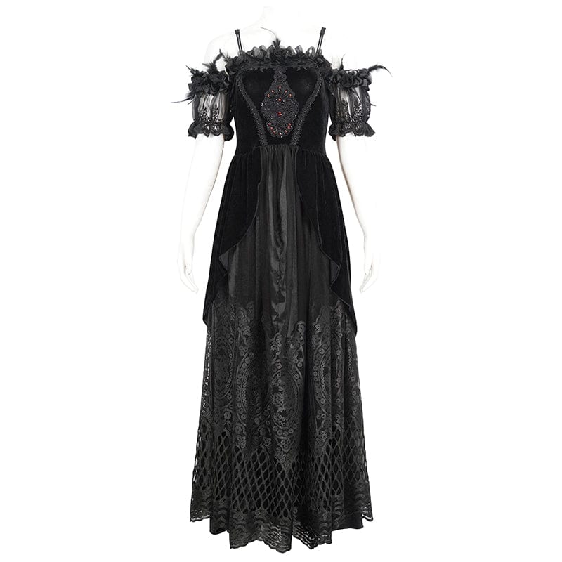 EVA LADY Women's Gothic Off Shoulder Rose Beaded Velvet Black Dress