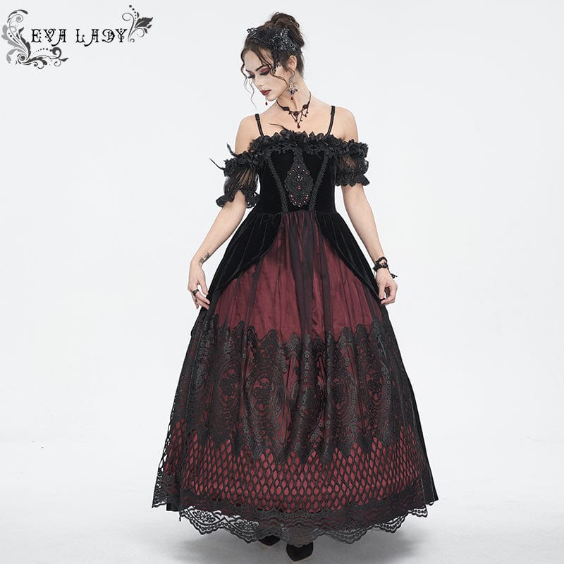 EVA LADY Women's Gothic Off Shoulder Rose Beaded Velvet Red Dress