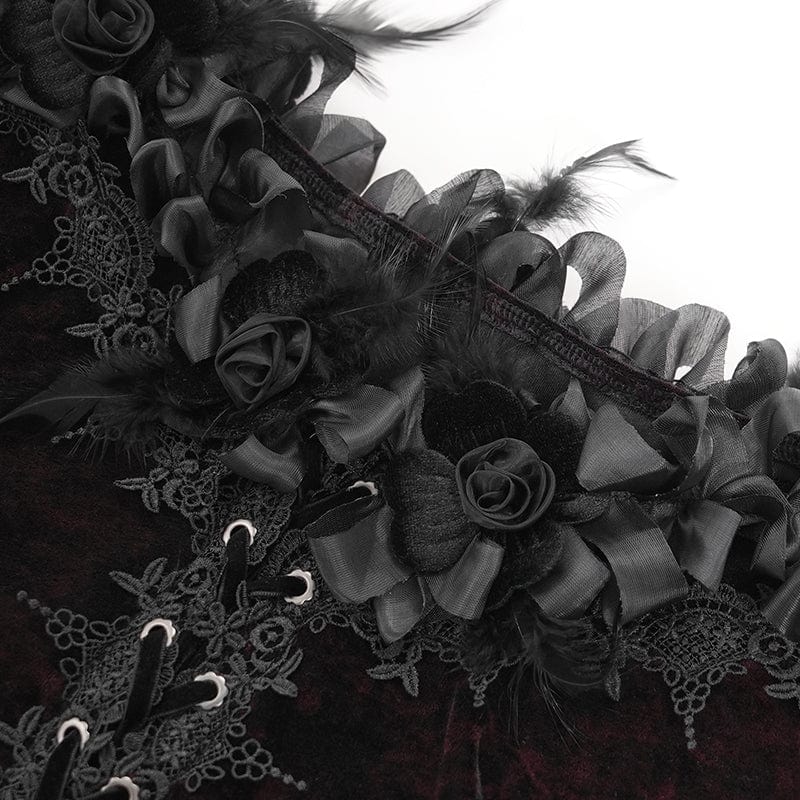 EVA LADY Women's Gothic Off-the-shoulder Ruffled Velvet Shirt Red