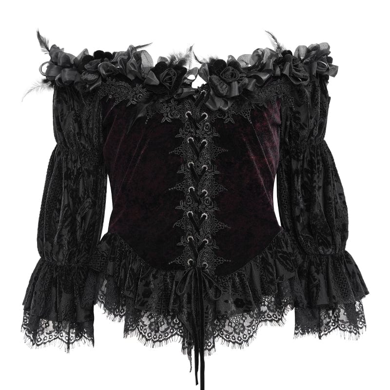 EVA LADY Women's Gothic Off-the-shoulder Ruffled Velvet Shirt Red