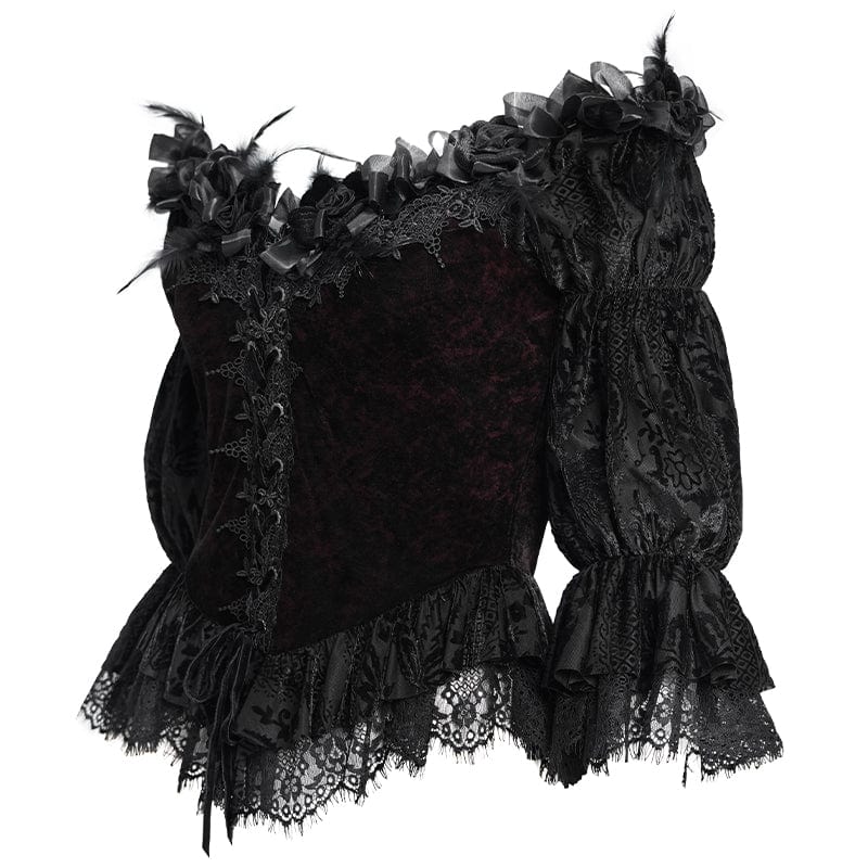 EVA LADY Women's Gothic Off-the-shoulder Ruffled Velvet Shirt Red