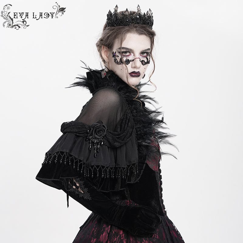 EVA LADY Women's Gothic Plumed Lace Velvet Cape